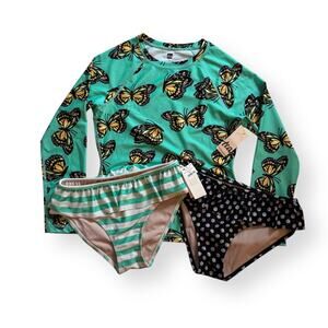 NWT Tea Collection monarch butterfly rash guard & (2) ruffle swim bottoms